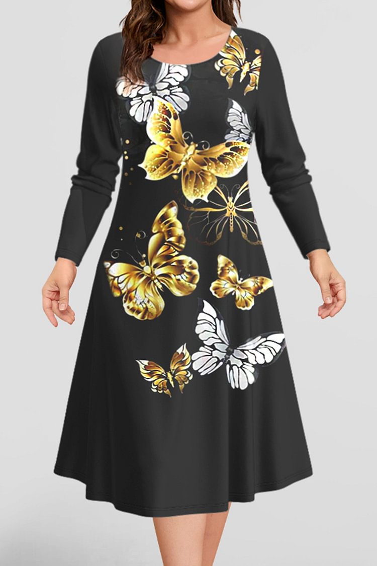 Flycurvy Plus Size Casual Black Butterfly Print Midi Dress  flycurvy [product_label]