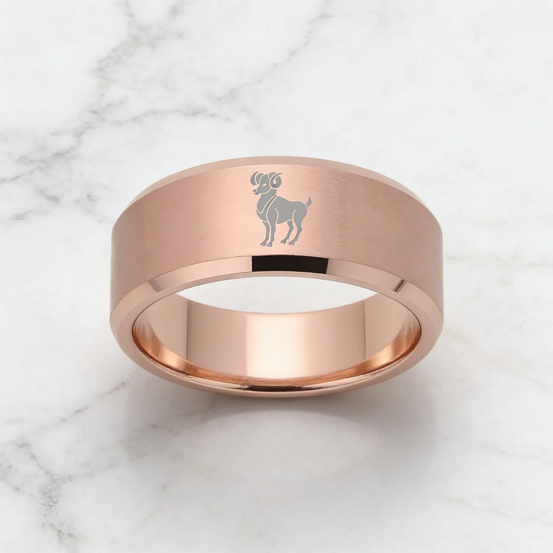 Beveled Edges Laser Etched Tungsten Carbide Rings Rose Gold Aries Couple Wedding Bands 4MM 6MM 8MM