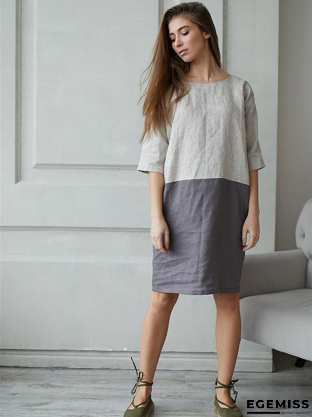 Loose Solid Color Cotton Linen Patchwork Dress Round Neck Seven Sleeve Skirt Waist | EGEMISS