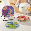 4PCS Wooden Diamond Painted Placemats Round Placemat with Holder (Bouquet)
