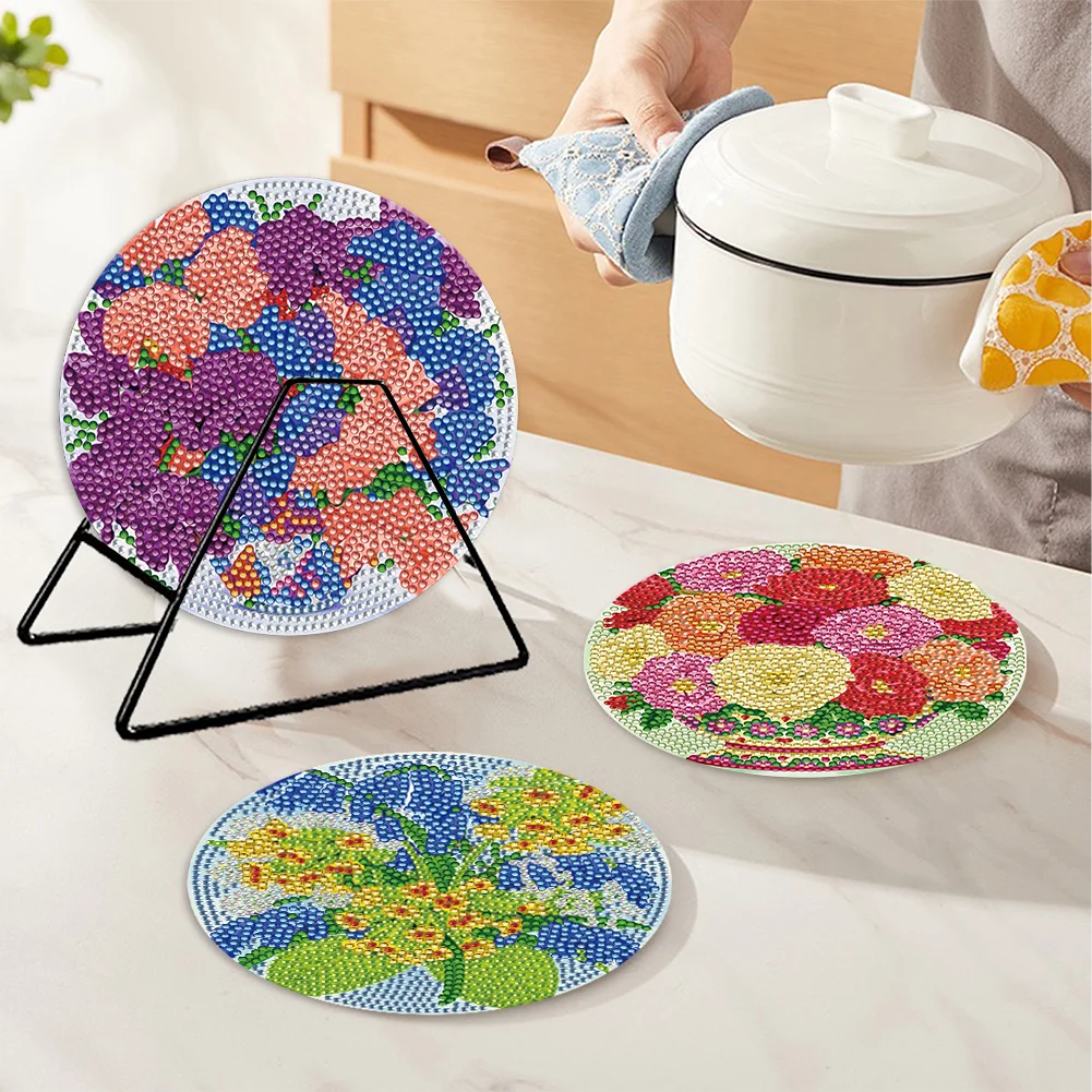 4pcs DIY Flower Wooden Diamond Painted Placemats for Dining Table Decor(15*15cm)
