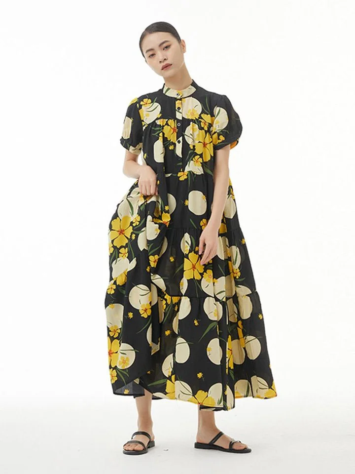 Vacation Loose Flower Printed Half Stand Collar Short Sleeve Dress      