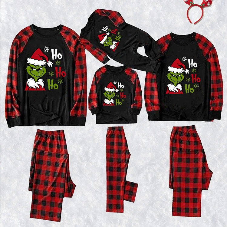 Grinch Santa 'Ho Ho Ho' Print Cartoon Family Matching Raglan Long Sleeve Pajamas Sets
