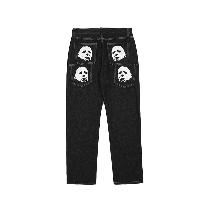Retro multi-pocket jeans loose straight tide brand wide leg print black high street pants