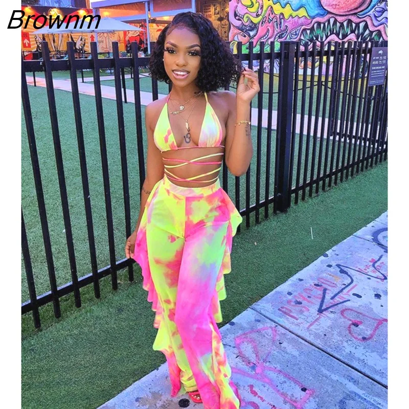 Brownm Tie Dye Print Mesh Summer Beach Two Piece Set with Panties Women Sexy Bra Halter Crop Top Ruffle Wide Leg Pants Suit