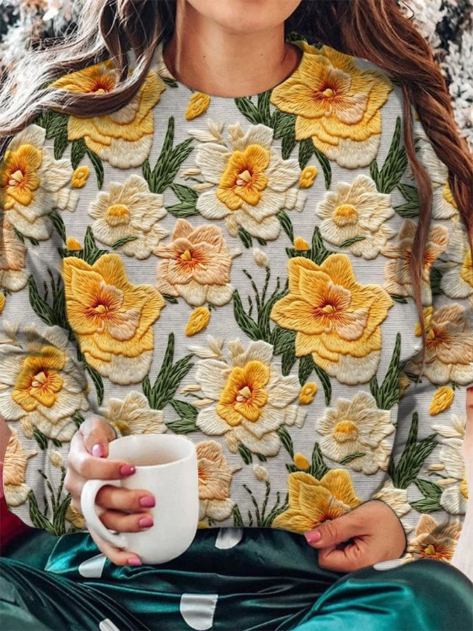 Women's Floral Embroidery Pattern Art Print Sweatshirt