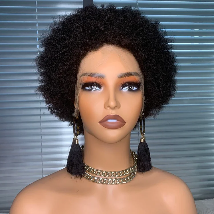 Afro Kinky Curly Short Fluffy Explosion Curly Human Hair Lace Wig 