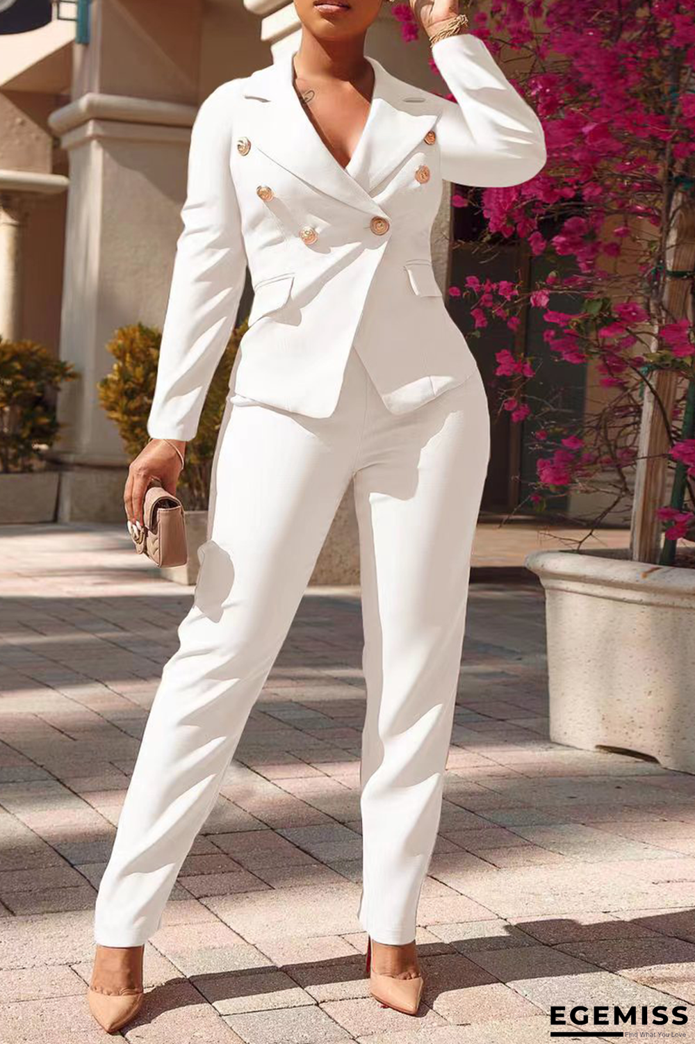 White Fashion Solid Buckle Turndown Collar Long Sleeve Two Pieces | EGEMISS