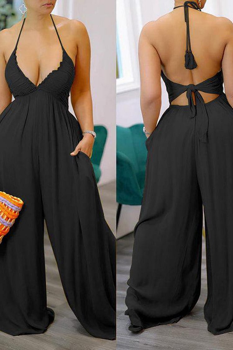 Plus Size Casual Solid Backless Lace Up Halter Wide Legs With Pockets Jumpsuit