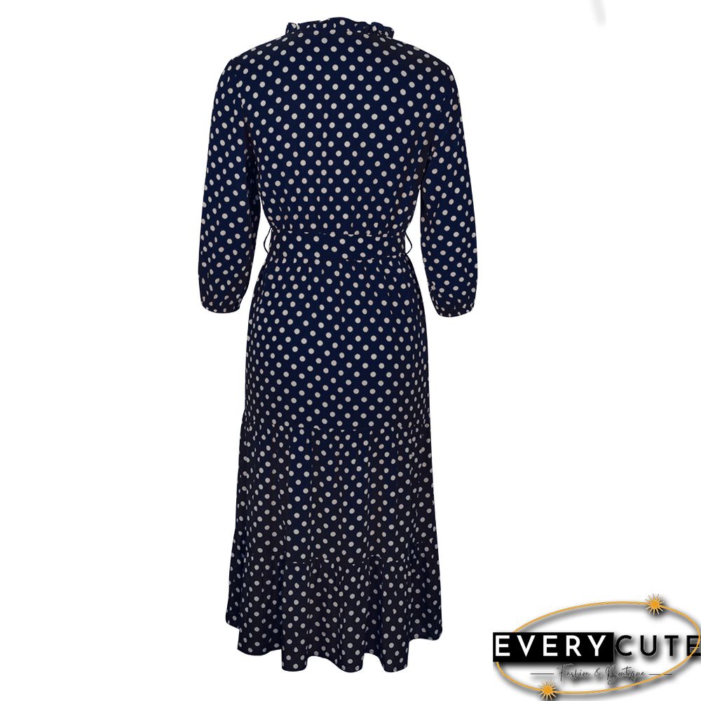 Navy Blue 3/4 Sleeve Polka Dot Ruffle Hem Maxi Dress
