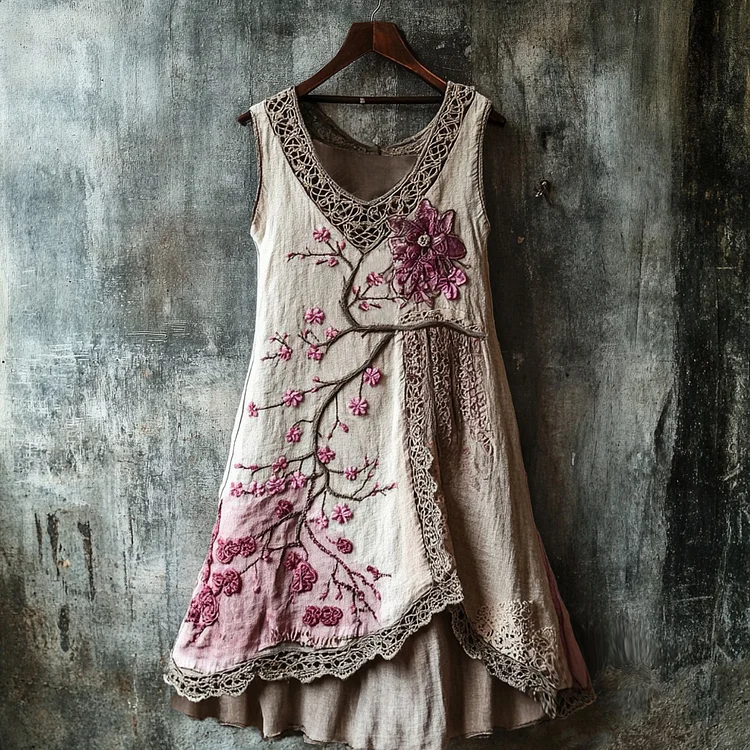 Women's Cherry Blossom Embroidery Lace Patchwork Art Linen Tank Dress