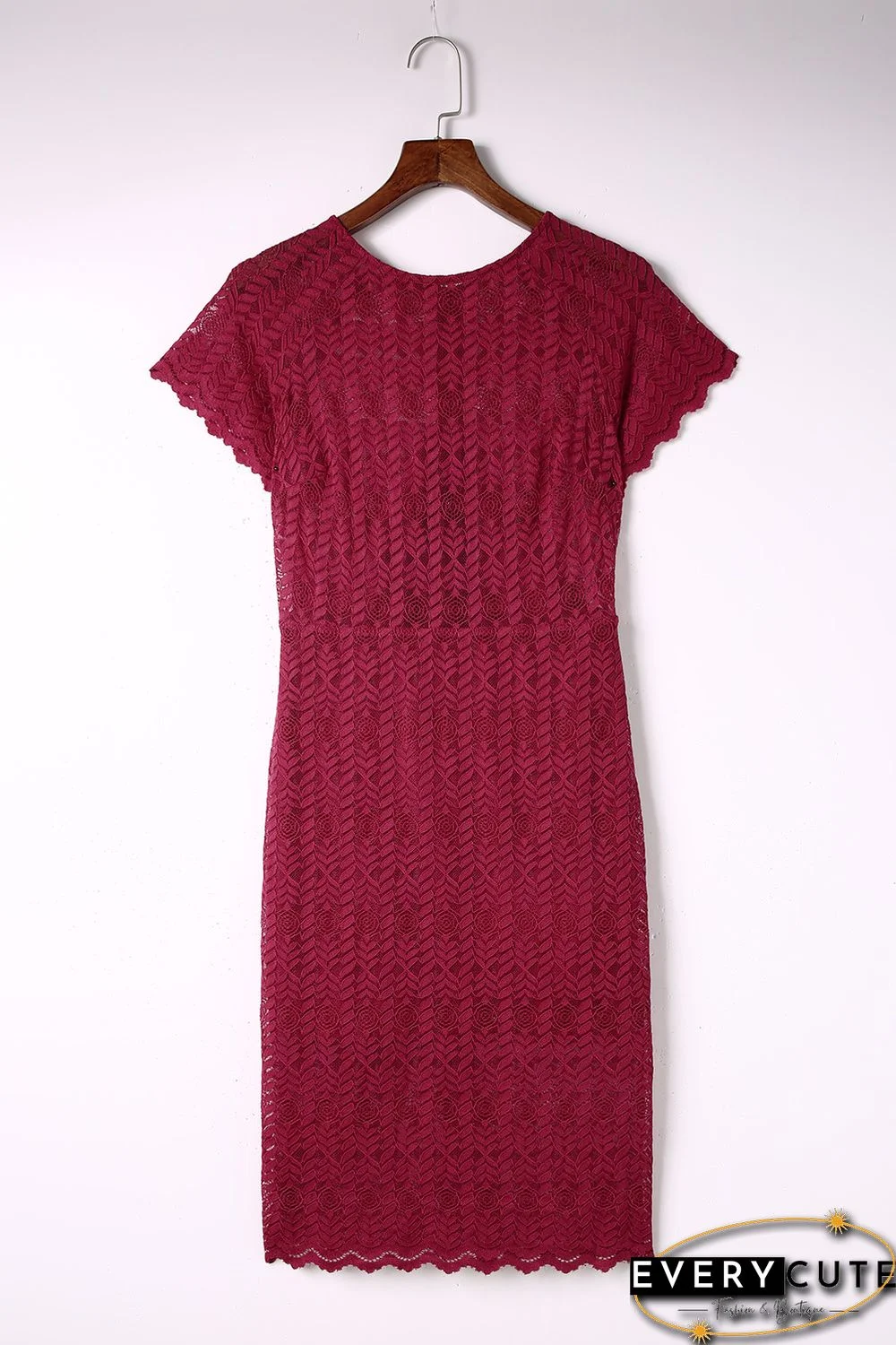 Red Crochet Short Sleeves Lined Midi Dress