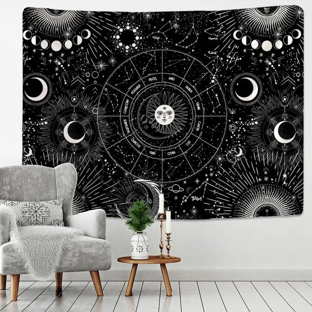 Sun Moon Mandala Starry Sky Tapestry White Black Wall Hanging Bohemian Gypsy Psychedelic Tapiz Witchcraft Astrology Tapestry