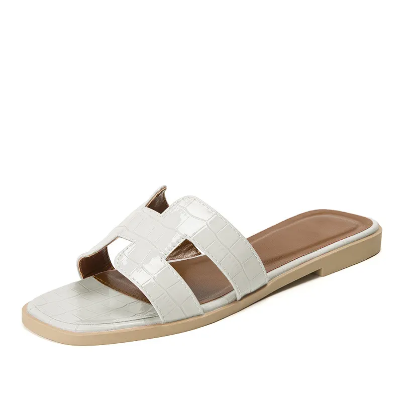 Womens Square Open Toe Summer Casual Flat Crocodile Slippers-vocosishoes