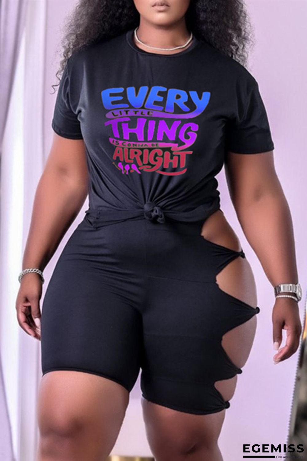 Black Fashion Casual Letter Print Hollowed Out O Neck Short Sleeve Two Pieces | EGEMISS