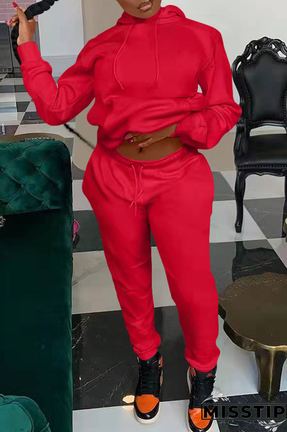 Red Casual Solid Patchwork Hooded Collar Long Sleeve Two Pieces