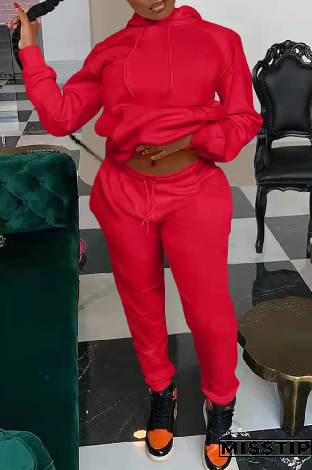 Red Casual Solid Patchwork Hooded Collar Long Sleeve Two Pieces