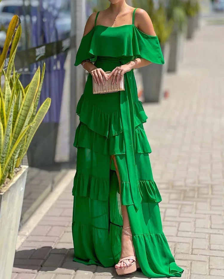 One Shoulder Solid Layered Dress