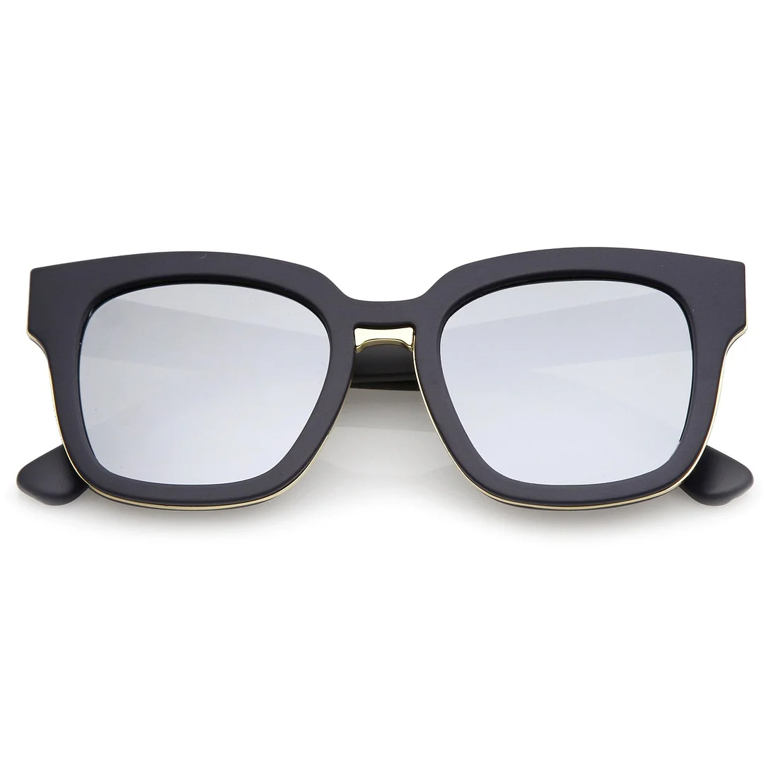 Modern Metal Trim Bridge Square Mirror Flat Lens Horn Rimmed glasses 50mm