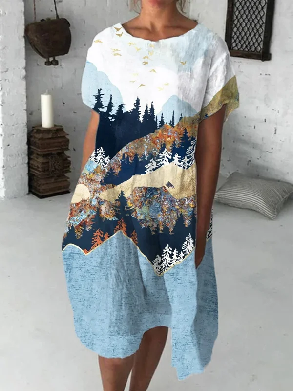 Elegant Landscape-Inspired Artistic Midi Dress