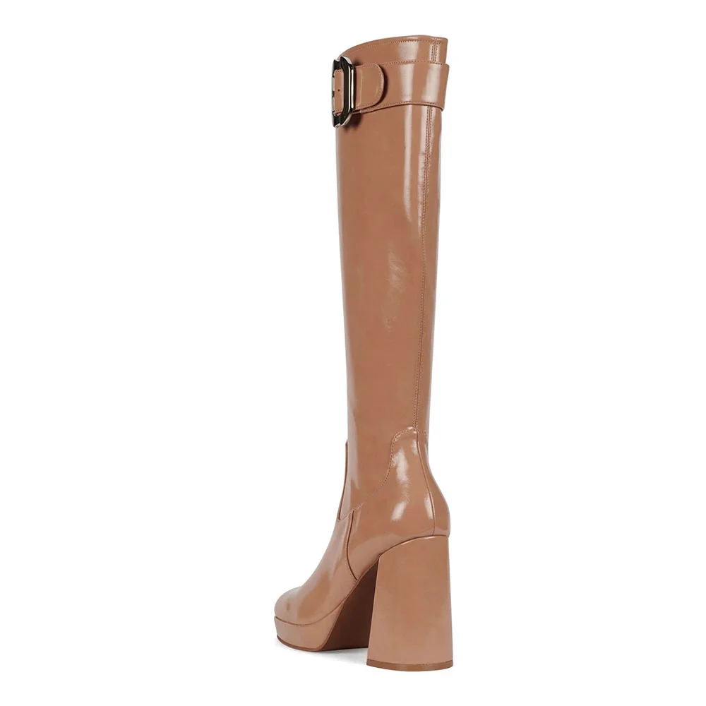 Square Toe Buckle Strap Zipper Platform Tall Boots for Women in Nude