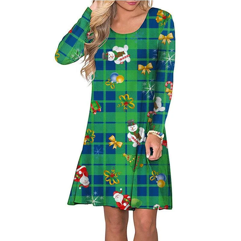 Christmas Dresses Round Neck Plaid Santa Claus Printed Long Sleeve Casual Dress