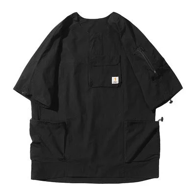 Summer Fashion Brand Functional Work Wear Short Sleeve T-shirt with Multiple Pockets for Casual Loose Hip Hop-dark style-men's clothing-halloween