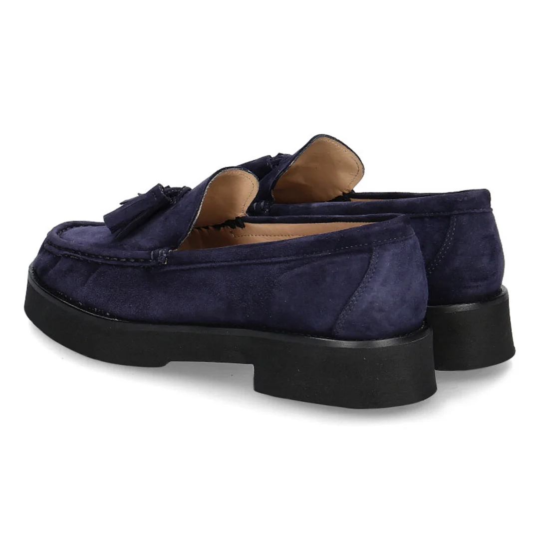 Navy Vegan Suede Slip-On Round Toe Platform Loafers with Fringe