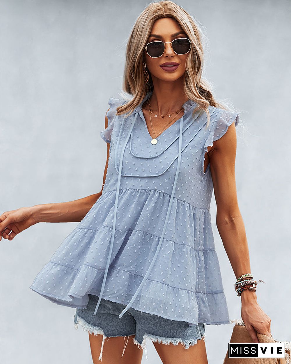 Ruffle Cap Sleeve V Neck Swiss Dot Tank Tops