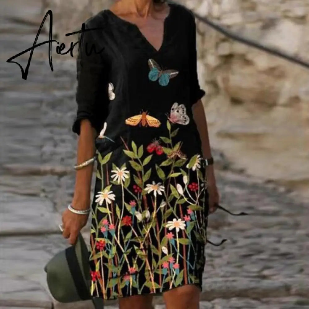 Aiertu Vintage Printing Women Dress V-Neck Half Sleeve A-Line Dresses Casual  Fashion Spring Female Loose Sundress Lady Vestidos Aiertu
