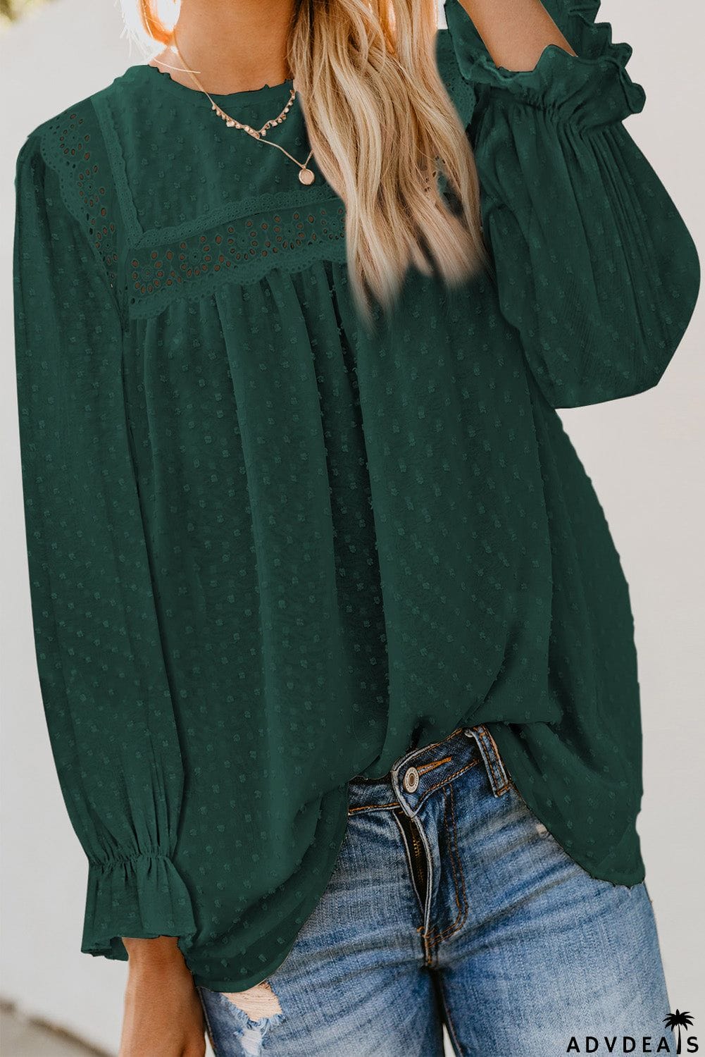 Swiss Dot Hollow Out Ruffle Sleeve Blouse