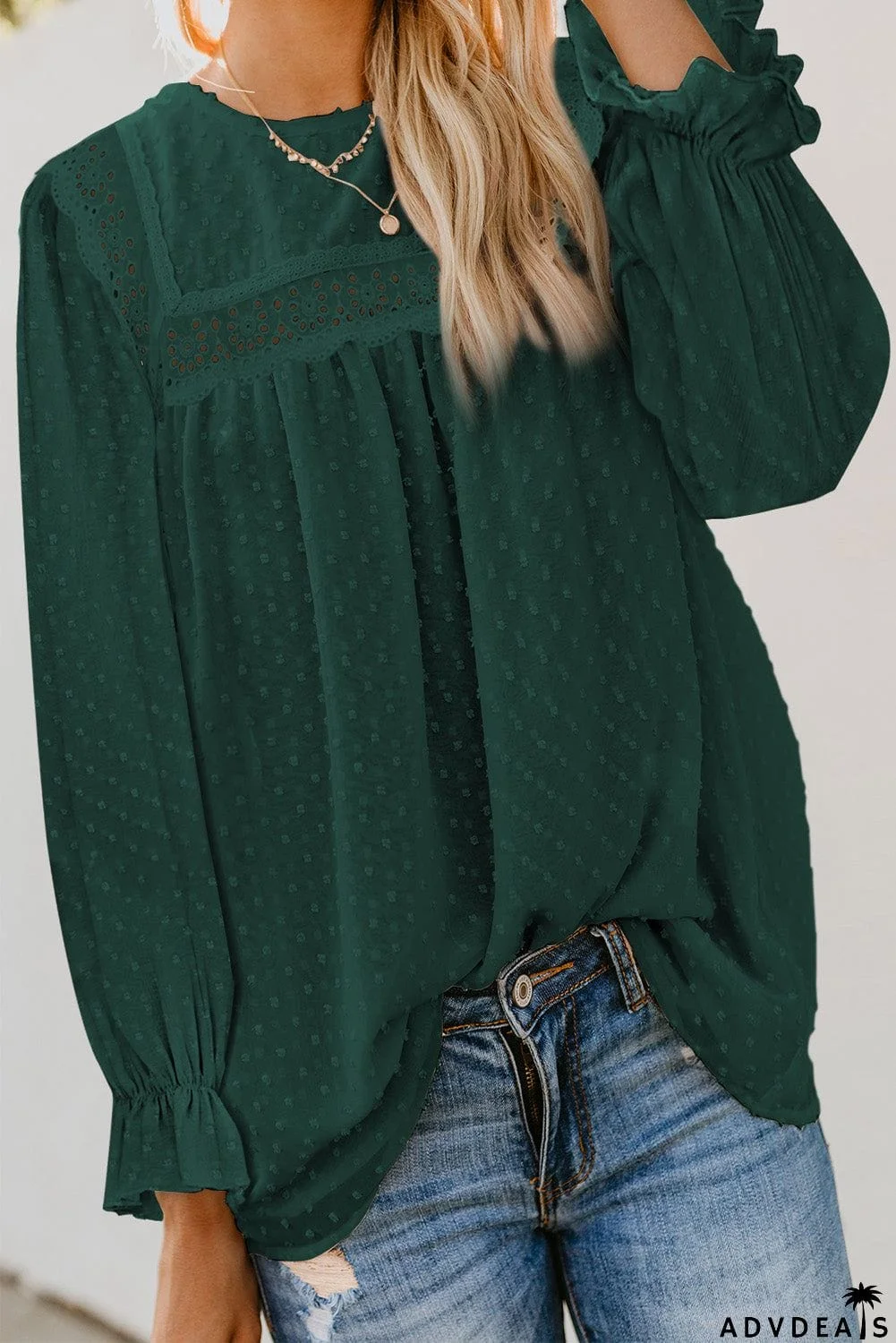 Swiss Dot Hollow Out Ruffle Sleeve Blouse