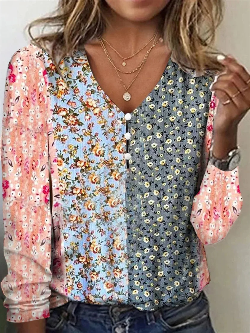 Women's Long Sleeve V-neck Floral Printed Top