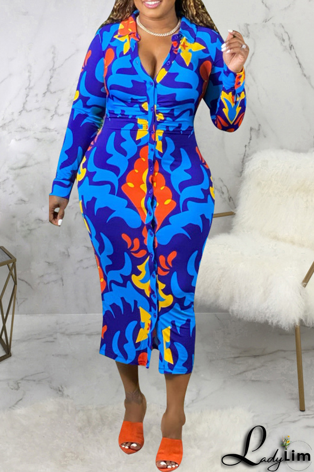 Blue Fashion Print Patchwork V Neck Pencil Skirt Dresses