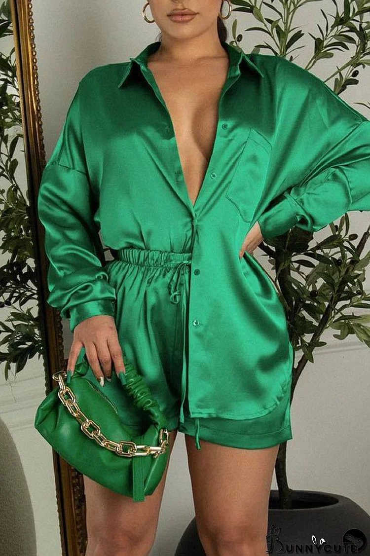 Green Casual Solid Patchwork Buckle Turndown Collar Long Sleeve Two Pieces