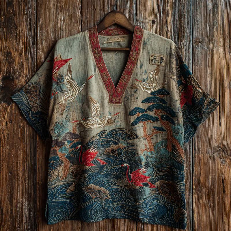 Japanese Colorful Cranes & Pine Trees Sea Waves Linen Shirt  artssus