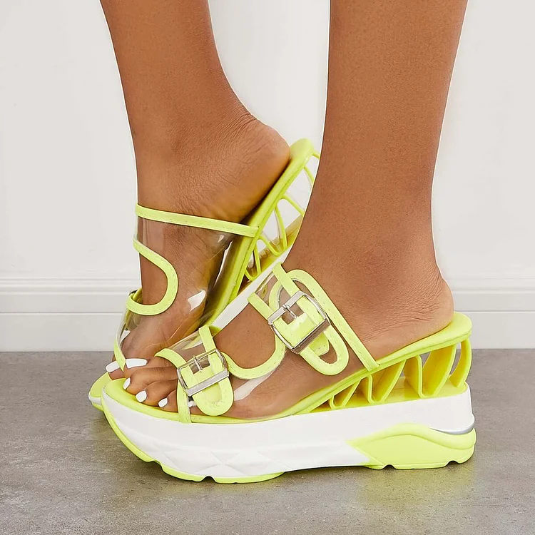 Clear Slip On Wedge Sandals Double Buckle Slide Slippers
