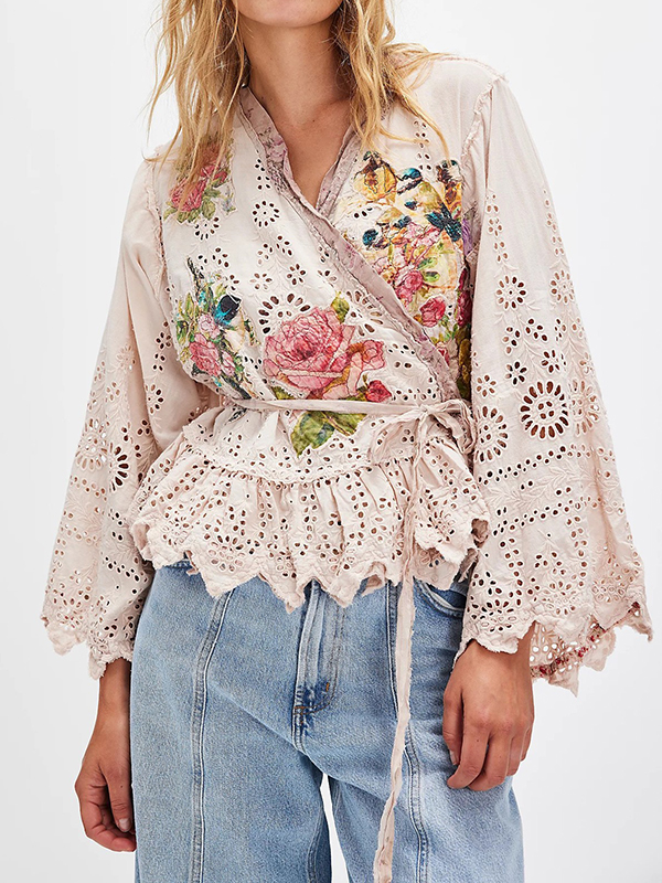 Bell-bottoms Belt Flower Pattern Cotton Outwear