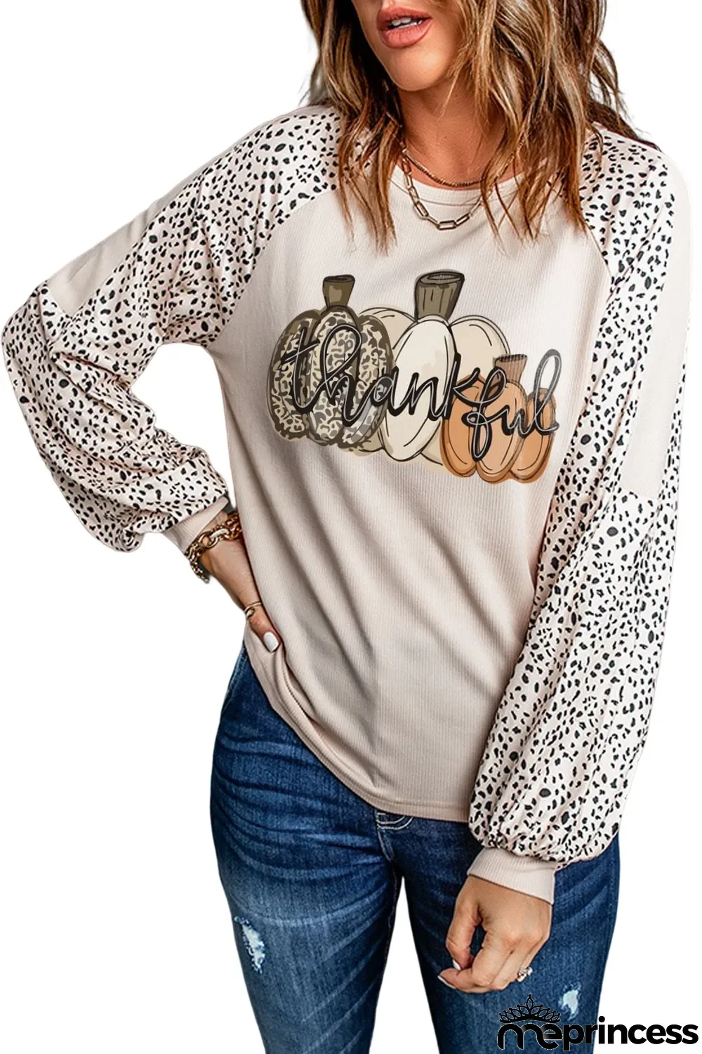 Khaki Thankful Pumpkin Leopard Print Long Sleeve Top