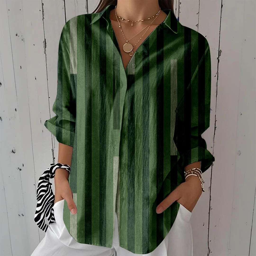 Style & Comfort for Mature Women Women Striped, Green DZCL0329 3/4 Sleeve Shirt Collar Printed Button Tops