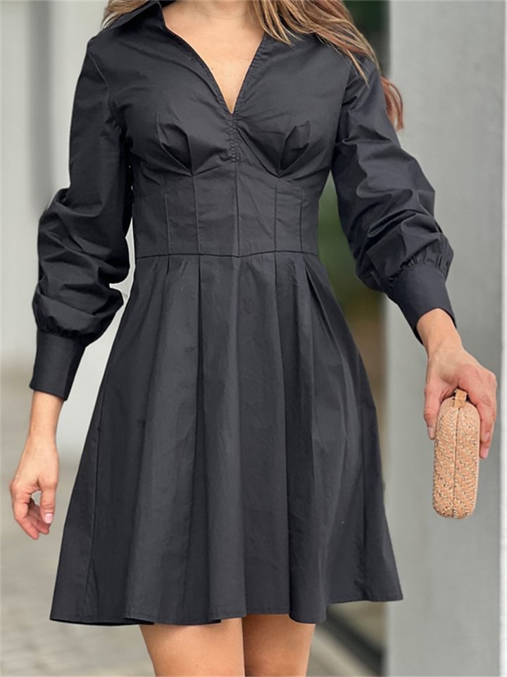 Women's Trendy Fashion Solid Color V-neck Waist Ruffle Dress -vasmok
