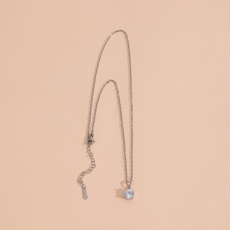 304 Stainless Steel Copper Inlay Round Artificial Crystal Zircon Pendant Necklace
