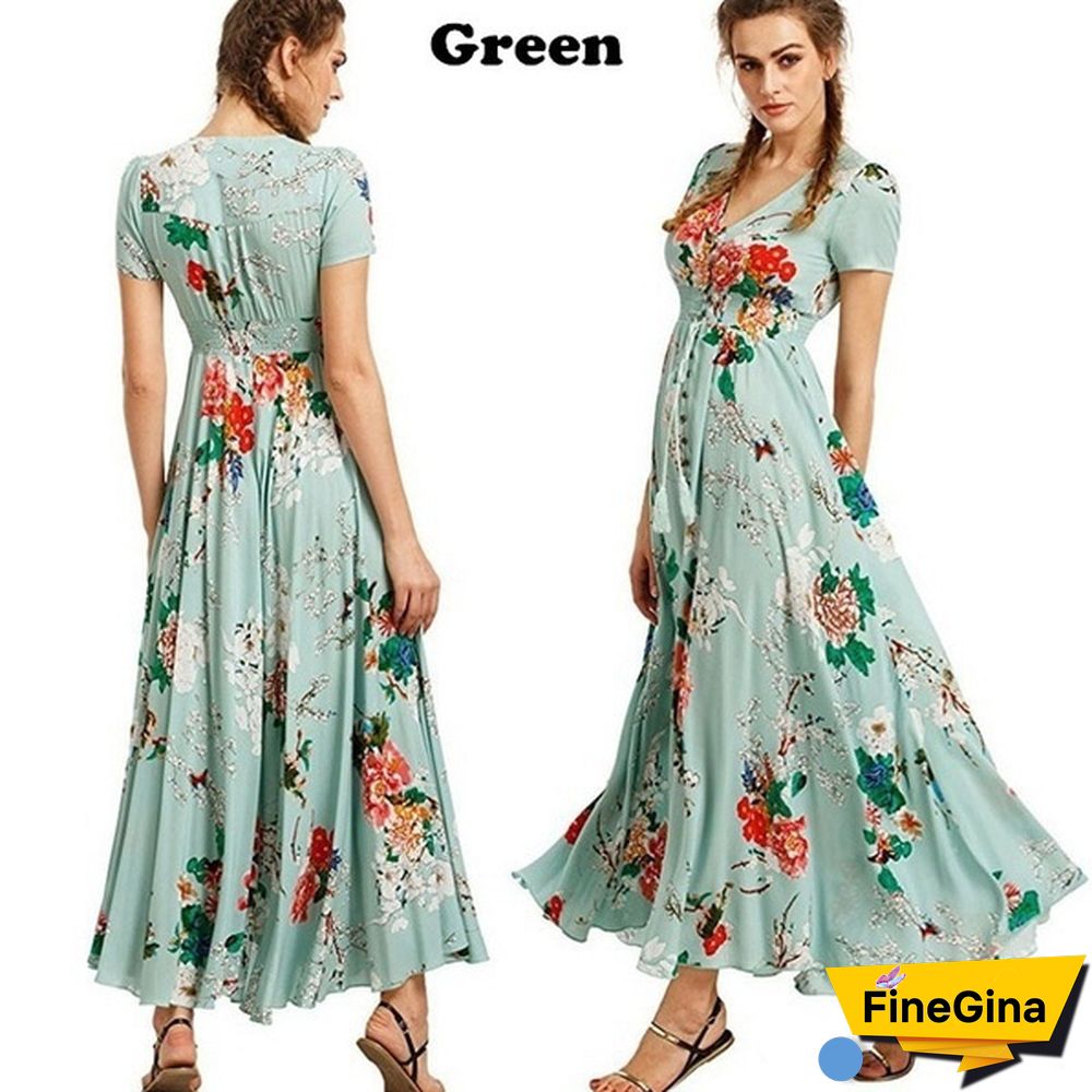 Womens Fashion Bohemian V Neck Print Big Swing Long Dress Plus Size