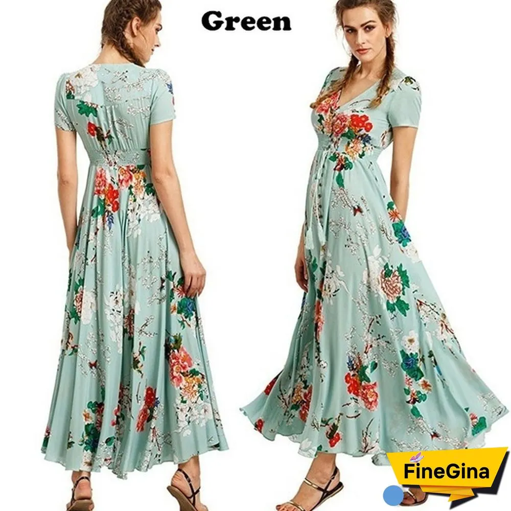 Womens Fashion Bohemian V Neck Print Big Swing Long Dress Plus Size