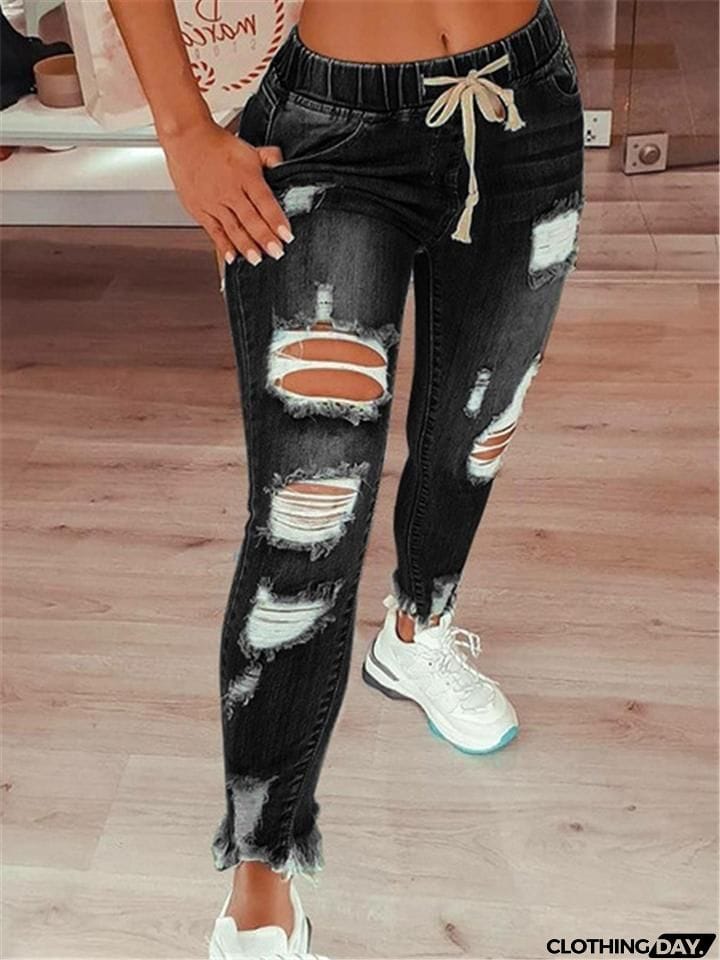 Fashion Elastic Waistband Distressed Slash Pockets Ripped Mom Jeans