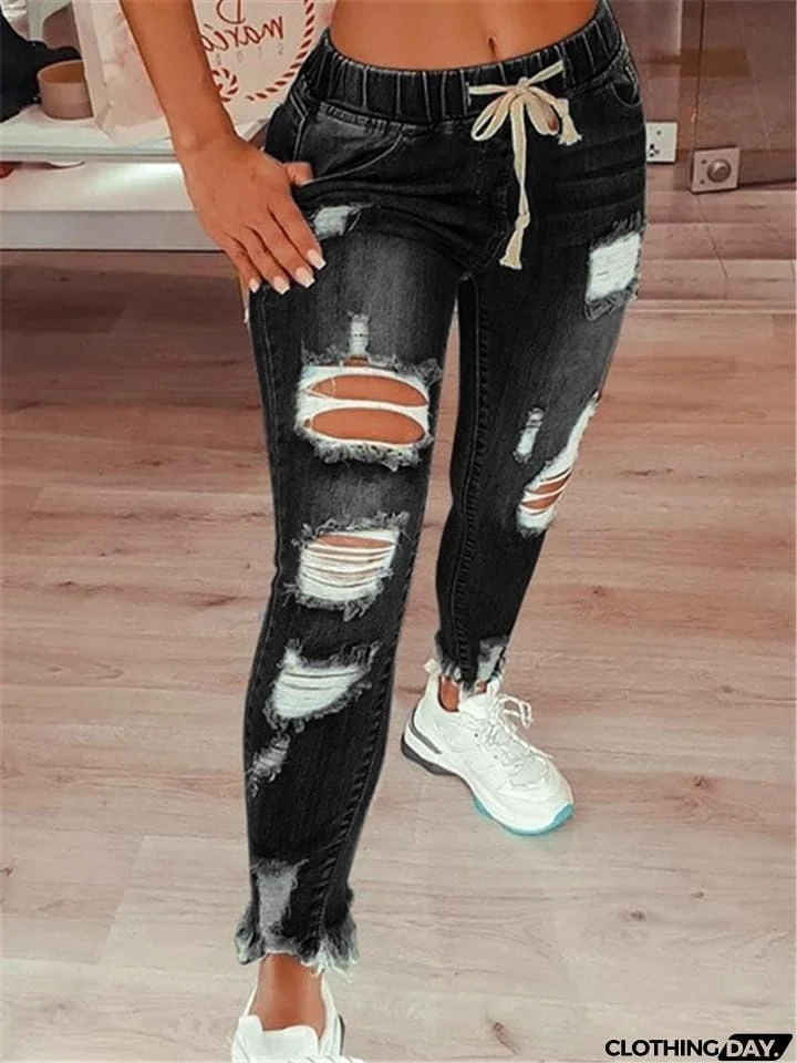 Fashion Elastic Waistband Distressed Slash Pockets Ripped Mom Jeans