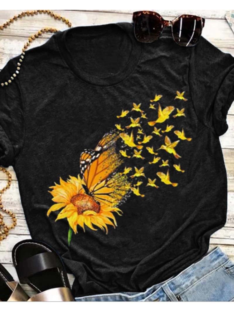 Sunflower Print Crewneck Short Sleeve T-shirt