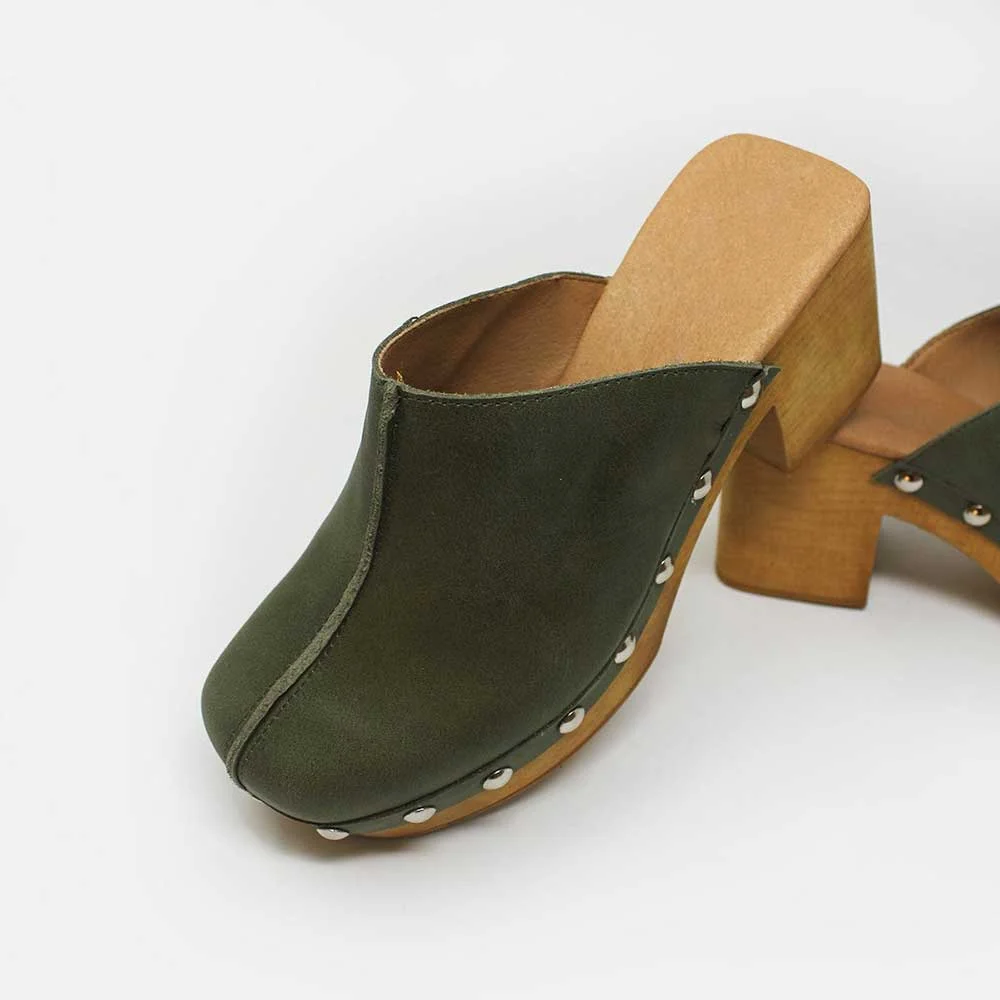 Olive Slip-On Round Toe Block Heel Platform Mules Shoes with Studs