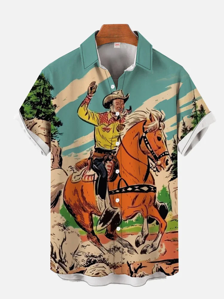 Western Style Horse Racing Printing Casual Men's Short Sleeve Shirt