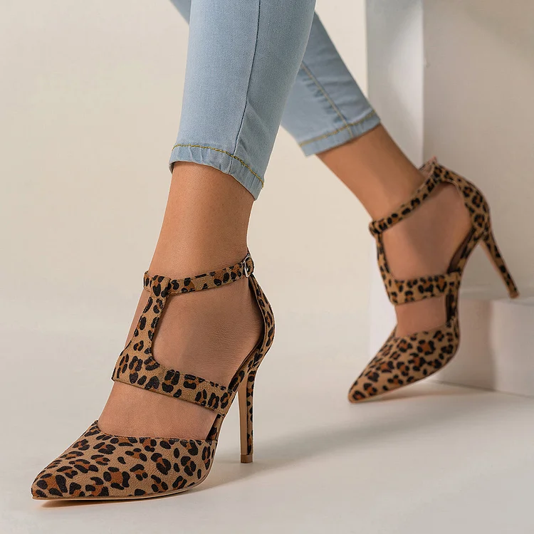 Leopard Pointed Toe Stilettos High Heel Ankle Strap Dress Pumps